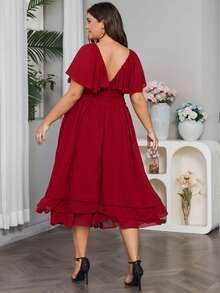 Vestido de manga mariposa fruncido bajo a capas de gasa - Burdeos - Ver 2