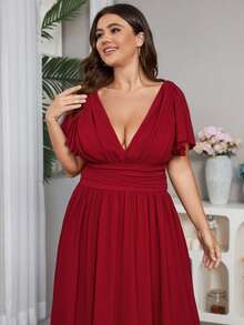 Vestido de manga mariposa fruncido bajo a capas de gasa - Burdeos - Ver 3