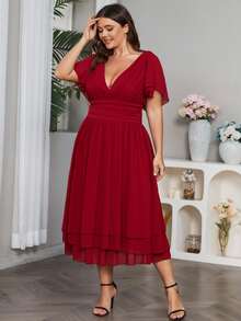 Vestido de manga mariposa fruncido bajo a capas de gasa - Burdeos - Ver 6