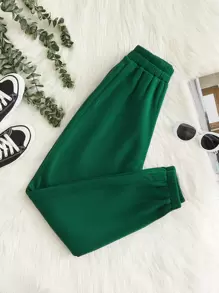 SHEIN PETITE Quần thể thao nữ màu trơn - Màu xanh lá cây đậm - Xem 1