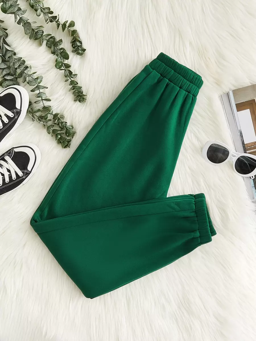 SHEIN PETITE Quần thể thao nữ màu trơn - Màu xanh lá cây đậm - Xem 1