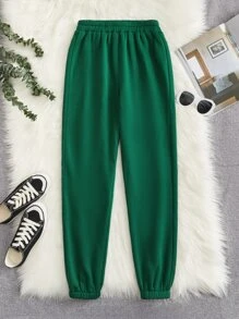 SHEIN PETITE Quần thể thao nữ màu trơn - Màu xanh lá cây đậm - Xem 5