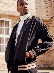 男士條紋圖案拉鏈開襟飛行員夾克