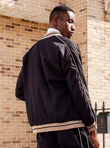 男士條紋圖案拉鏈開襟飛行員夾克