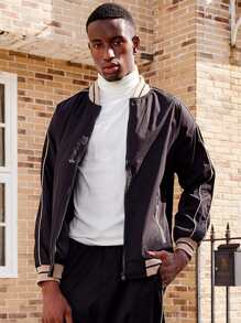 男士條紋圖案拉鏈開襟飛行員夾克