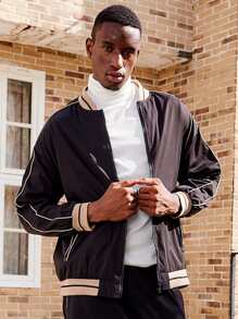 男士條紋圖案拉鏈開襟飛行員夾克