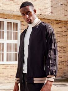 男士條紋圖案拉鏈開襟飛行員夾克