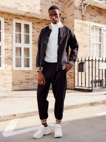 男士條紋圖案拉鏈開襟飛行員夾克