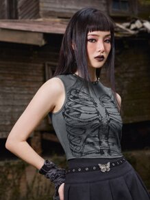 ROMWE Goth Skeleton Print Tank Top - Dark Grey - View 1