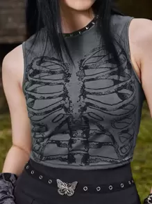 ROMWE Goth Skeleton Print Tank Top - Dark Grey - View 4