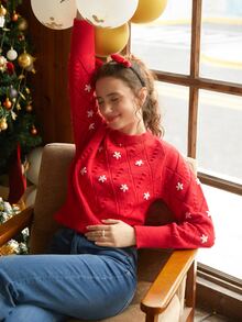 Knit Mix 花卉刺繡套頭毛衣 - 紅色 - 查看 5