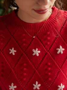Knit Mix 花卉刺繡套頭毛衣 - 紅色 - 查看 7