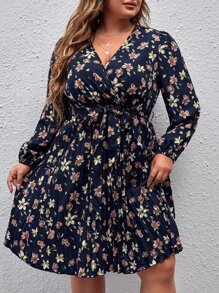 SHEIN LUNE Plus Floral Print Pleated Hem Belted Dress - Multicolor - View 1
