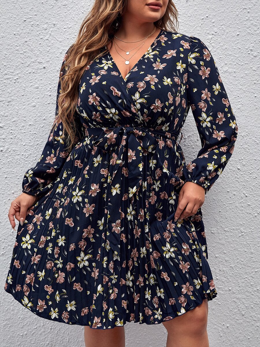 SHEIN LUNE Plus Floral Print Pleated Hem Belted Dress - Multicolor - View 1