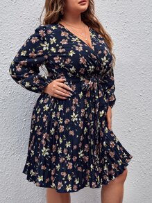 SHEIN LUNE Plus Floral Print Pleated Hem Belted Dress - Multicolor - View 4