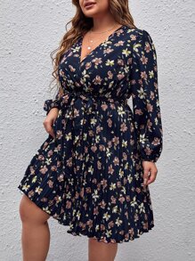 SHEIN LUNE Plus Floral Print Pleated Hem Belted Dress - Multicolor - View 5