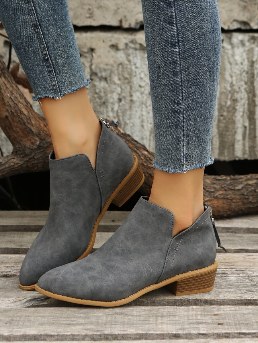 Gray Solid Color American Style High Heel Ankle Boots With Back Zipper - Grey - View 1