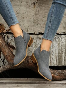 Gray Solid Color American Style High Heel Ankle Boots With Back Zipper - Grey - View 2