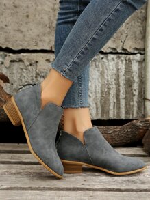 Gray Solid Color American Style High Heel Ankle Boots With Back Zipper - Grey - View 4