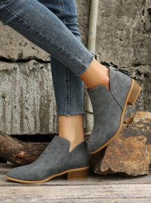 Gray Solid Color American Style High Heel Ankle Boots With Back Zipper - Grey - View 6