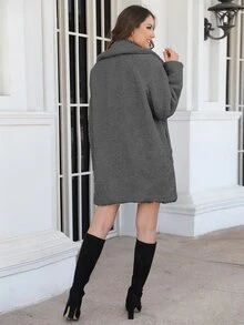 Lapel Collar Button Front Teddy Coat - Dark Grey - View 2