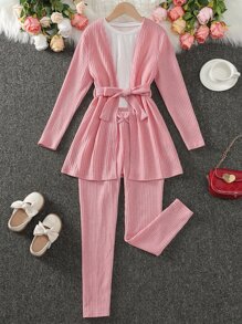 Girls Solid Belted Coat & Trousers Without Tee - Pink - View 1