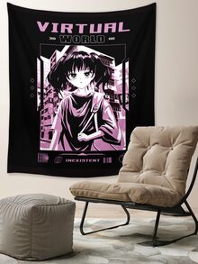 ROMWE 1pc Letter & Cartoon Figure Graphic Tapestry - Multicolor - View 7