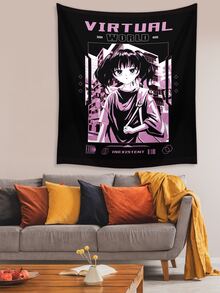 ROMWE 1pc Letter & Cartoon Figure Graphic Tapestry - Multicolor - View 5