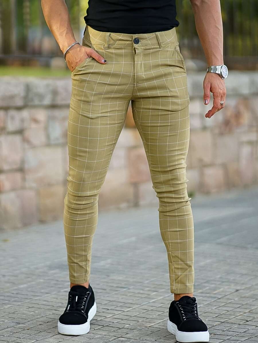 Men Plaid Skinny Trousers - Olive Green - View 1