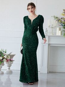 YISIKADO Mesh Panel Gigot Sleeve Sequin Prom Dress - Dark Green - View 1