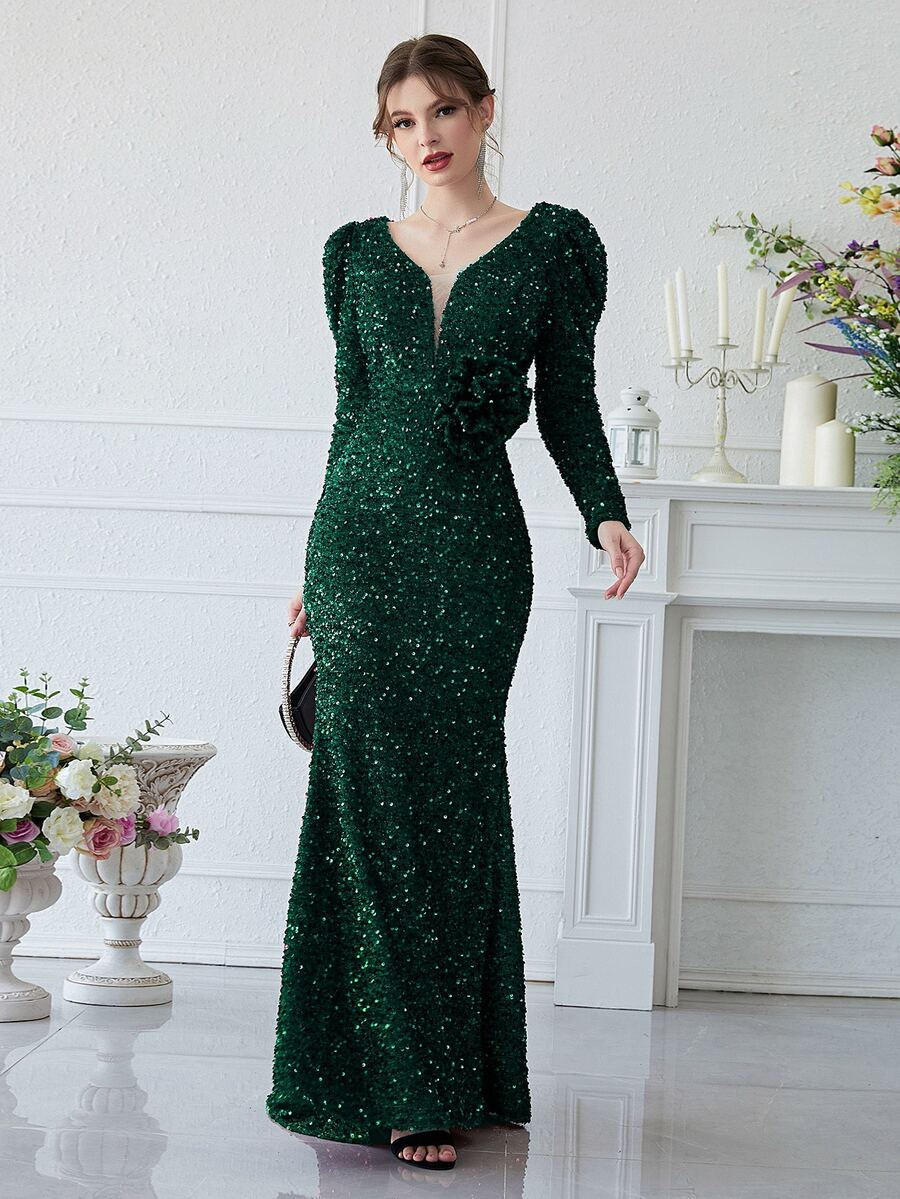 YISIKADO Mesh Panel Gigot Sleeve Sequin Prom Dress - Dark Green - View 1