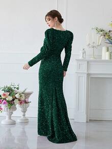 YISIKADO Mesh Panel Gigot Sleeve Sequin Prom Dress - Dark Green - View 2