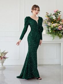 YISIKADO Mesh Panel Gigot Sleeve Sequin Prom Dress - Dark Green - View 4