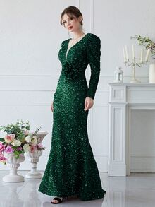 YISIKADO Mesh Panel Gigot Sleeve Sequin Prom Dress - Dark Green - View 5