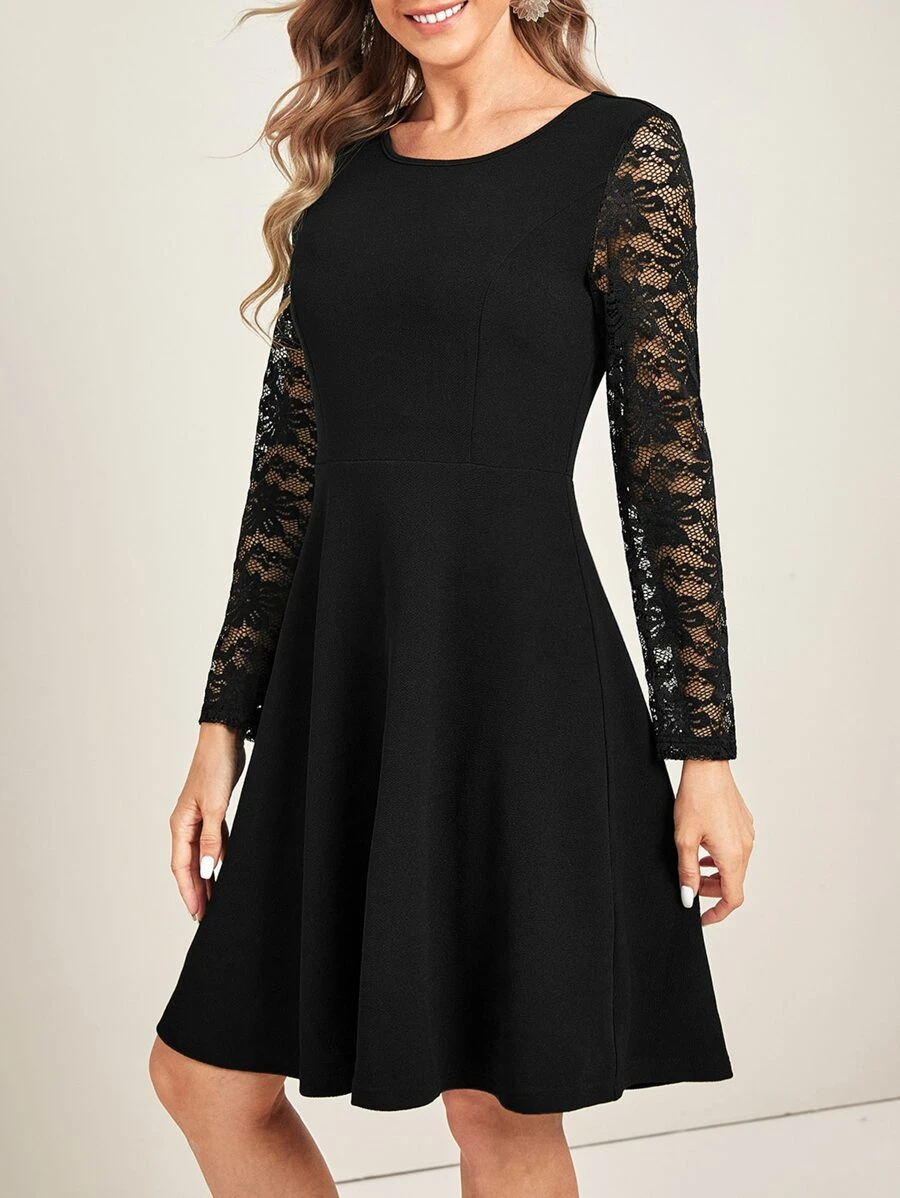 EMERY ROSE Contrast Lace Sleeve Dress - Black - View 1
