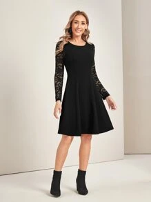 EMERY ROSE Contrast Lace Sleeve Dress - Black - View 5