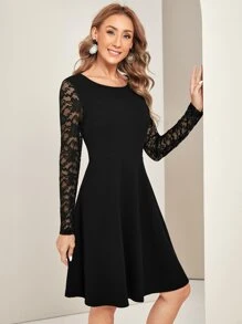 EMERY ROSE Contrast Lace Sleeve Dress - Black - View 3