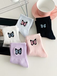 5 pares Calcetines de tripulación con bordado de mariposa - Multicolor - Ver 2