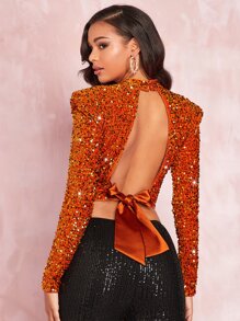 SHEIN BAE Top corto de cuello con abertura de ojo con lentejuelas - Burdeos - Ver 2