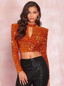 SHEIN BAE Top corto de cuello con abertura de ojo con lentejuelas - Burdeos - Ver 3