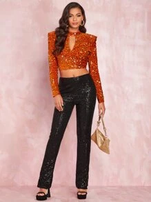 SHEIN BAE Top corto de cuello con abertura de ojo con lentejuelas - Burdeos - Ver 4