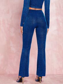 SHEIN BAE Pantalones amplios brillante de talle alto - Azul - Ver 3