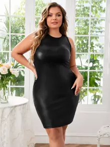 SHEIN Privé Plus Solid PU Leather Bodycon Dress - Black - View 1