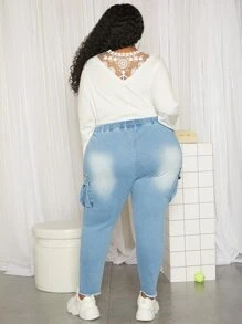 SHEIN CURVE+ Plus Guipure Lace Trim Tee - White - View 3