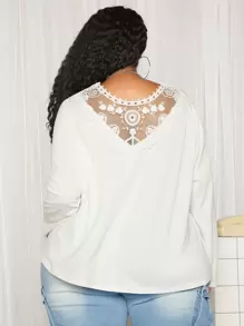 SHEIN CURVE+ Plus Guipure Lace Trim Tee - White - View 1