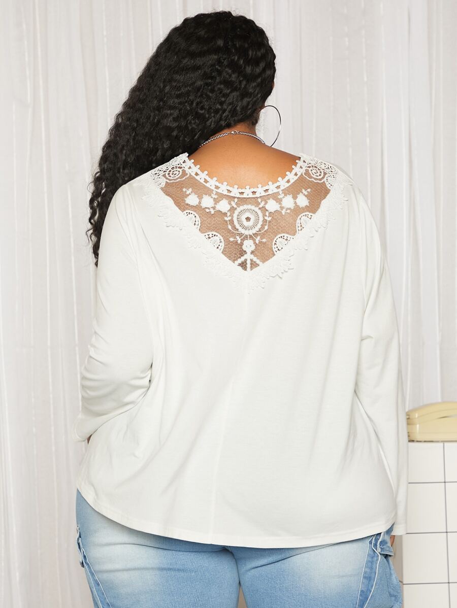 SHEIN CURVE+ Plus Guipure Lace Trim Tee - White - View 1