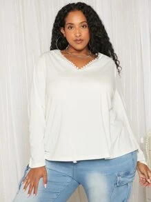 SHEIN CURVE+ Plus Guipure Lace Trim Tee - White - View 5