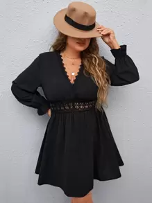 SHEIN Frenchy Đầm Plus Size Tương phản ren Xù màu trơn Boho - màu đen - Xem 1