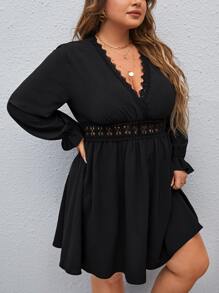 SHEIN Frenchy Đầm Plus Size Tương phản ren Xù màu trơn Boho - màu đen - Xem 3