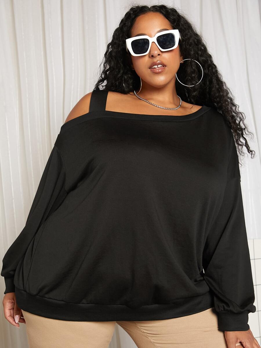 SHEIN CURVE+ Áo nỉ Plus Size Bất đối xứng màu trơn Giải trí - màu đen - Xem 1